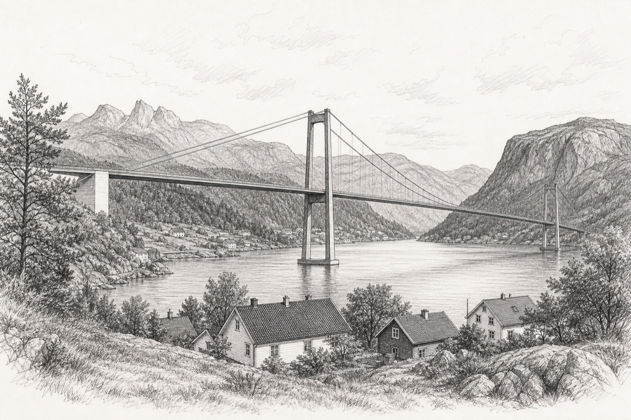 Hand-drawn pencil travel sketch for Forsand, Norway