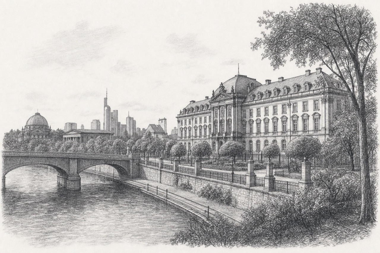 Hand-drawn pencil travel sketch for Frankfurt, Germany
