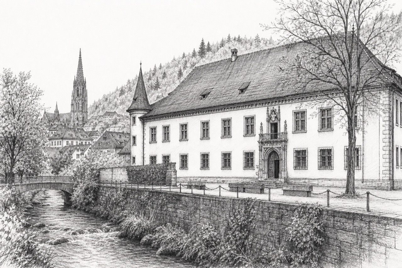 Hand-drawn pencil travel sketch for Freiburg im Breisgau, Germany
