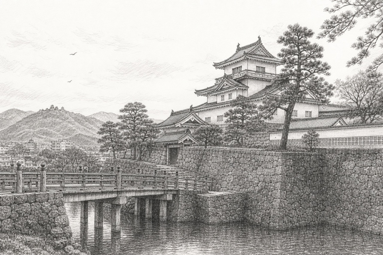 Hand-drawn pencil travel sketch for Fukui, Japan