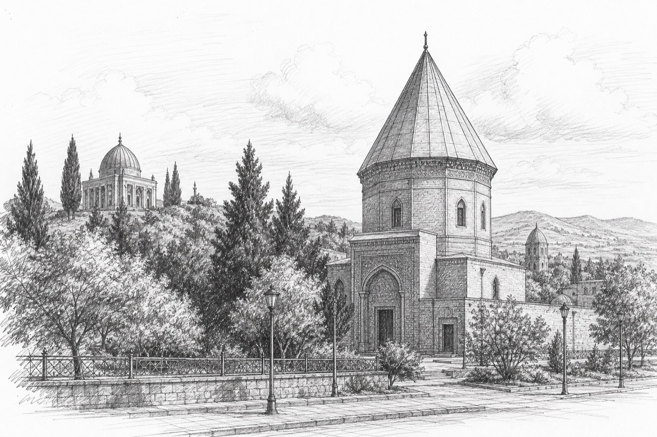 Hand-drawn pencil travel sketch for Ganja, Azerbaijan