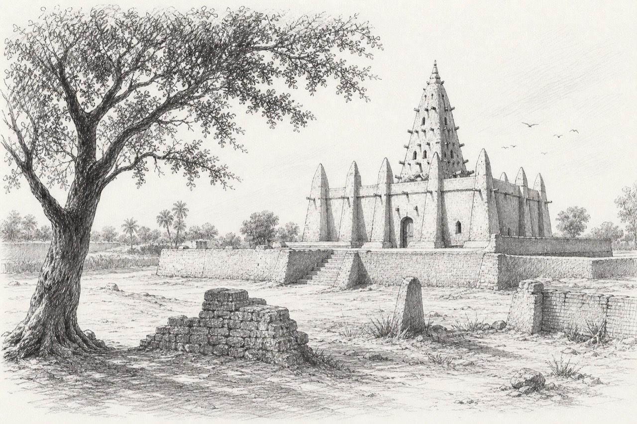 Hand-drawn pencil travel sketch for Gao, Mali