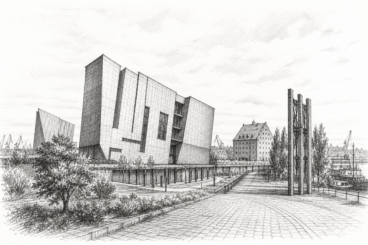 Hand-drawn pencil travel sketch for Gdańsk, Poland