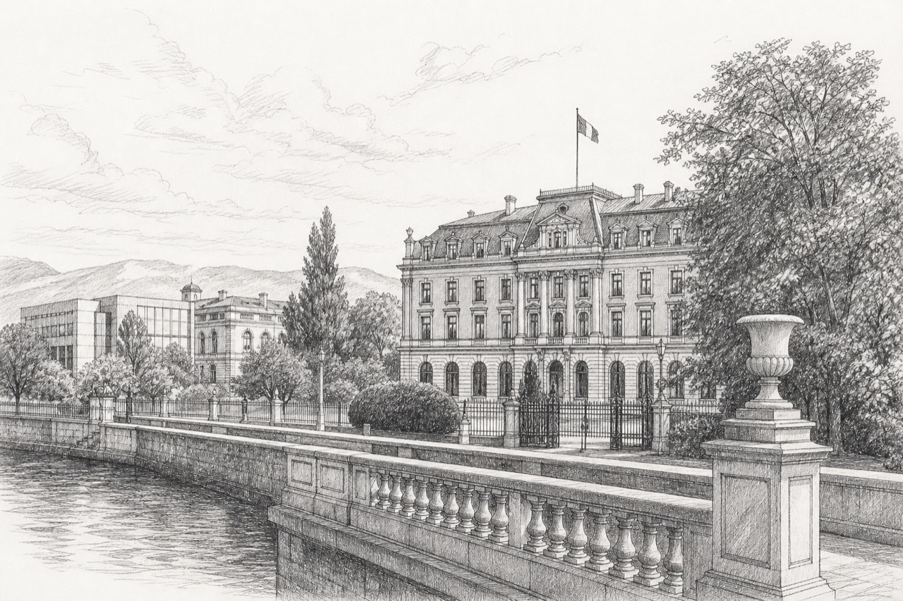 Hand-drawn pencil travel sketch for Geneva, Switzerland