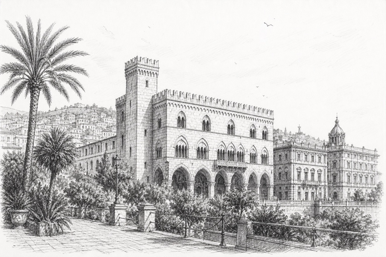 Hand-drawn pencil travel sketch for Genoa, Italy