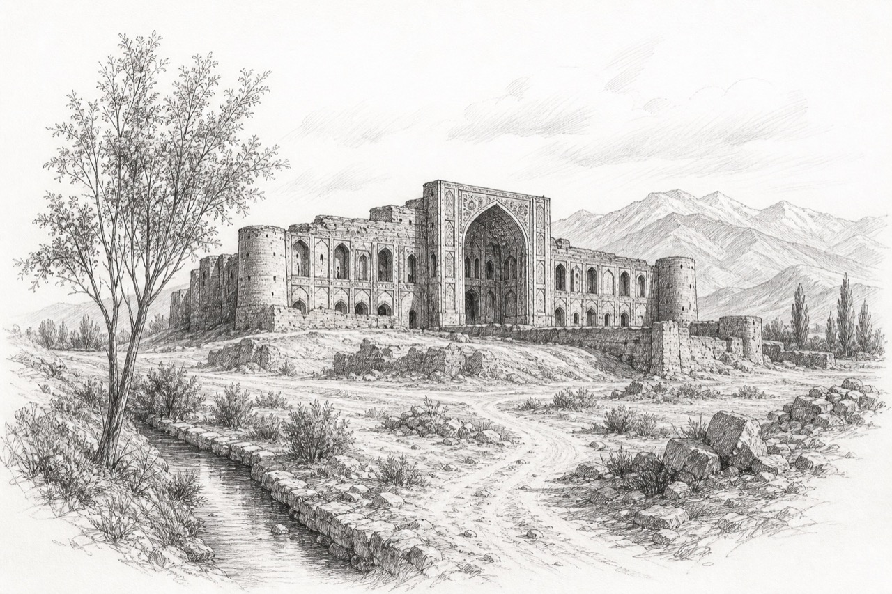 Hand-drawn pencil travel sketch for Ghazni, Afghanistan