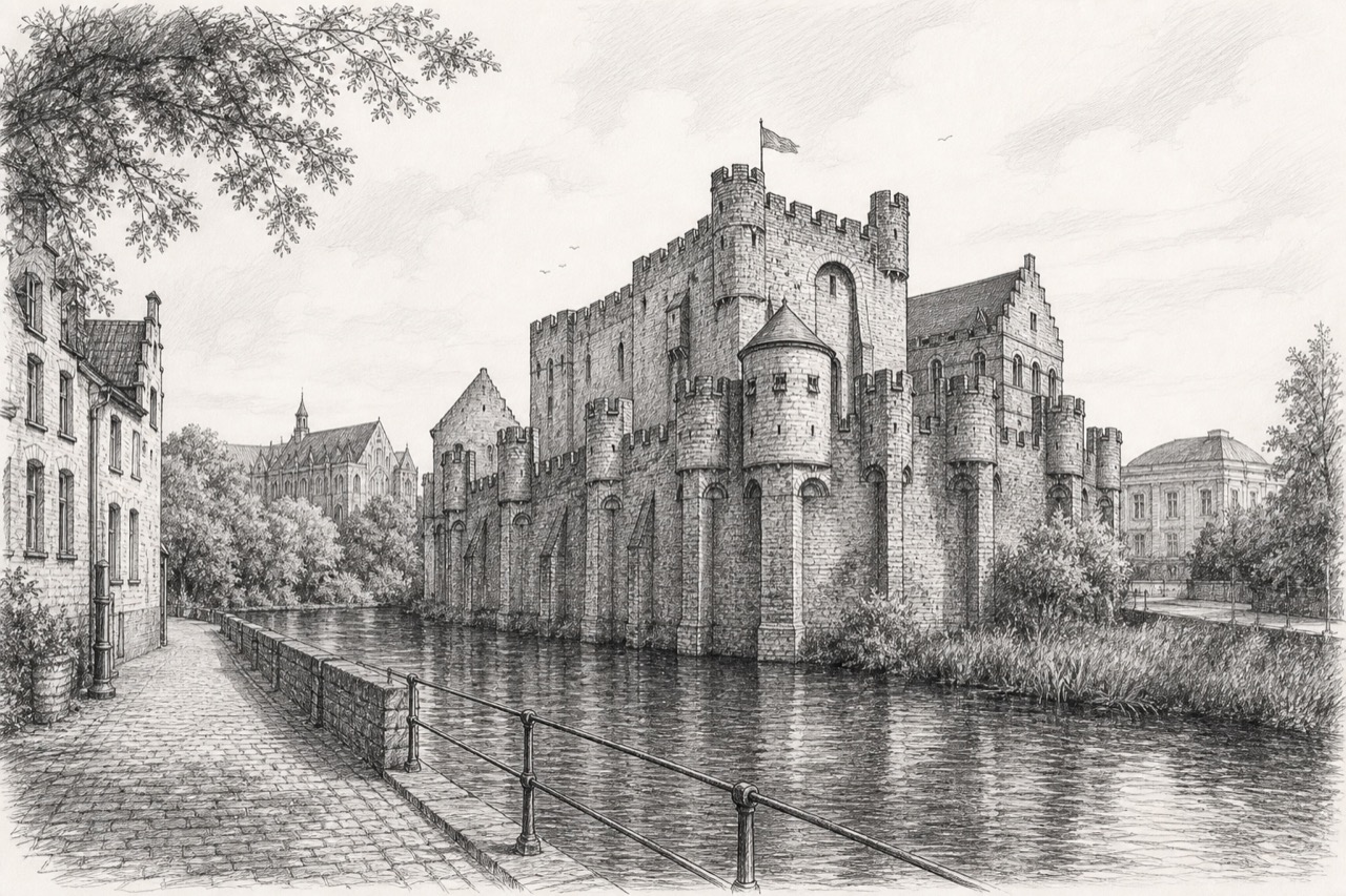 Hand-drawn pencil travel sketch for Ghent, Belgium