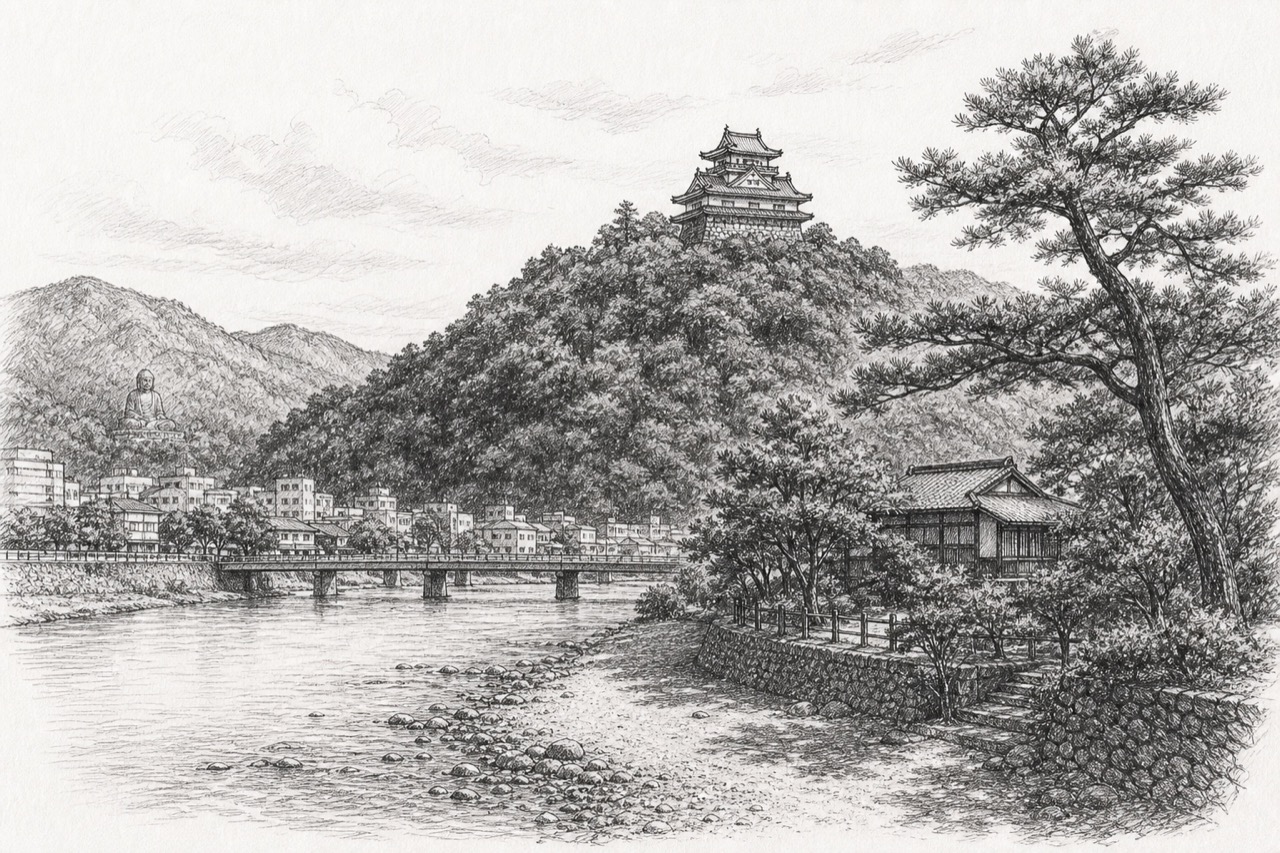 Hand-drawn pencil travel sketch for Gifu, Japan