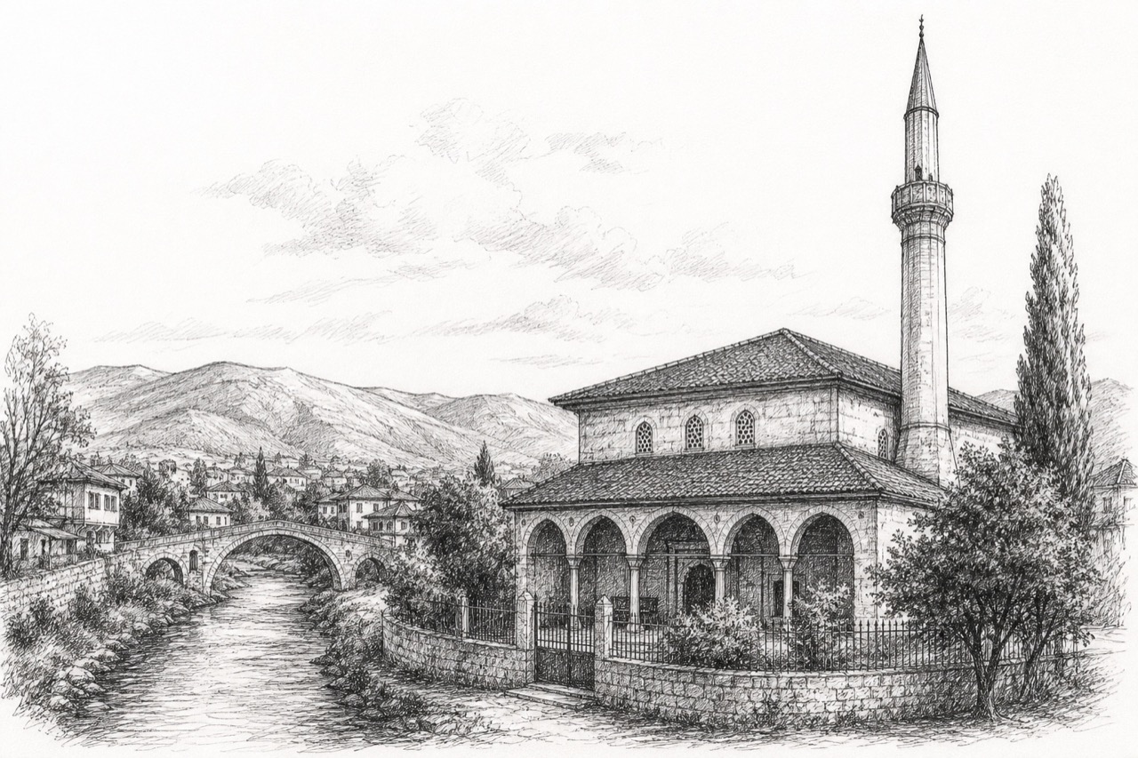Hand-drawn pencil travel sketch for Gjakova, Kosovo