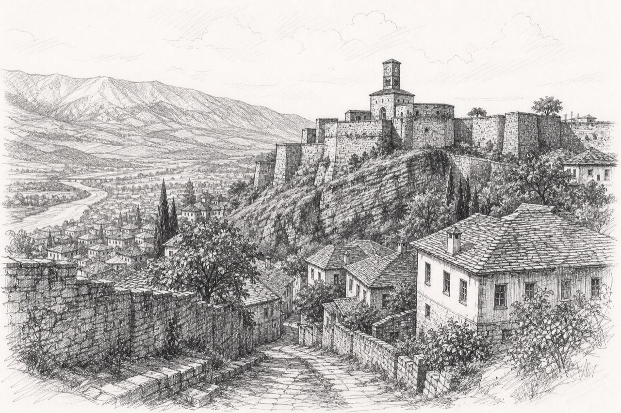 Hand-drawn pencil travel sketch for Gjirokastër, Albania