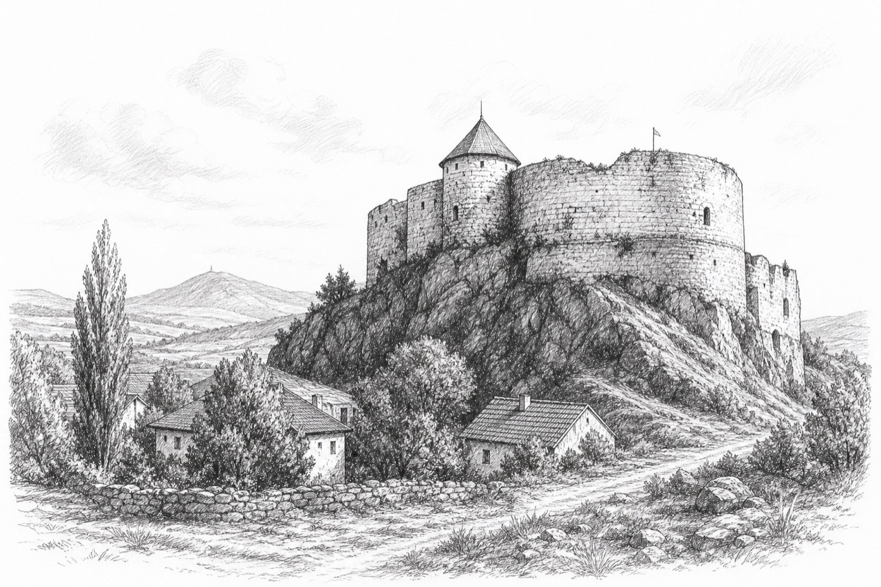 Hand-drawn pencil travel sketch for Glamoč, Bosnia and Herzegovina