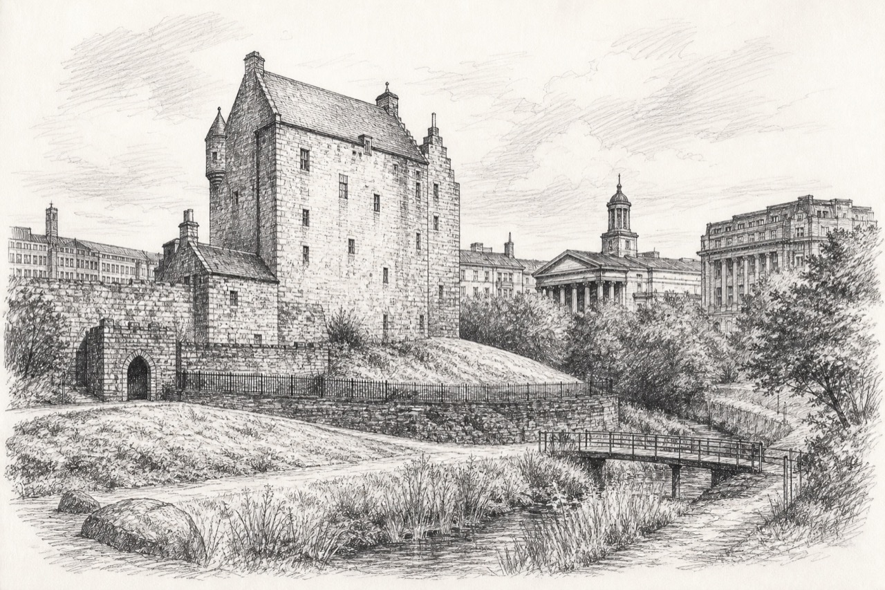 Hand-drawn pencil travel sketch for Glasgow City, United Kingdom