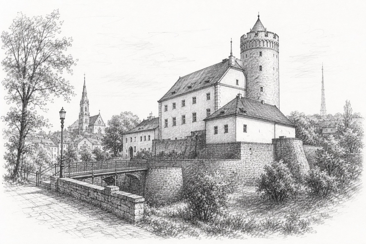 Hand-drawn pencil travel sketch for Gliwice, Poland