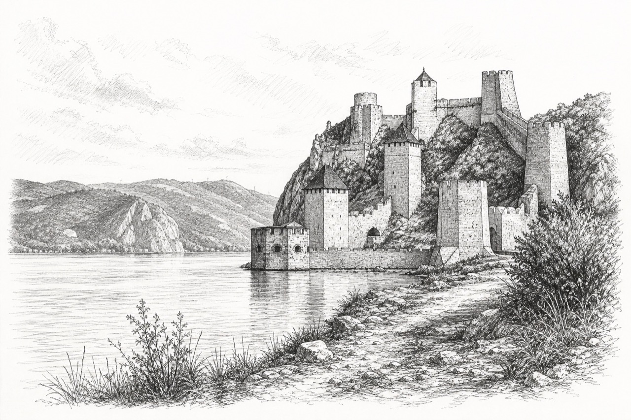 Hand-drawn pencil travel sketch for Golubac, Serbia