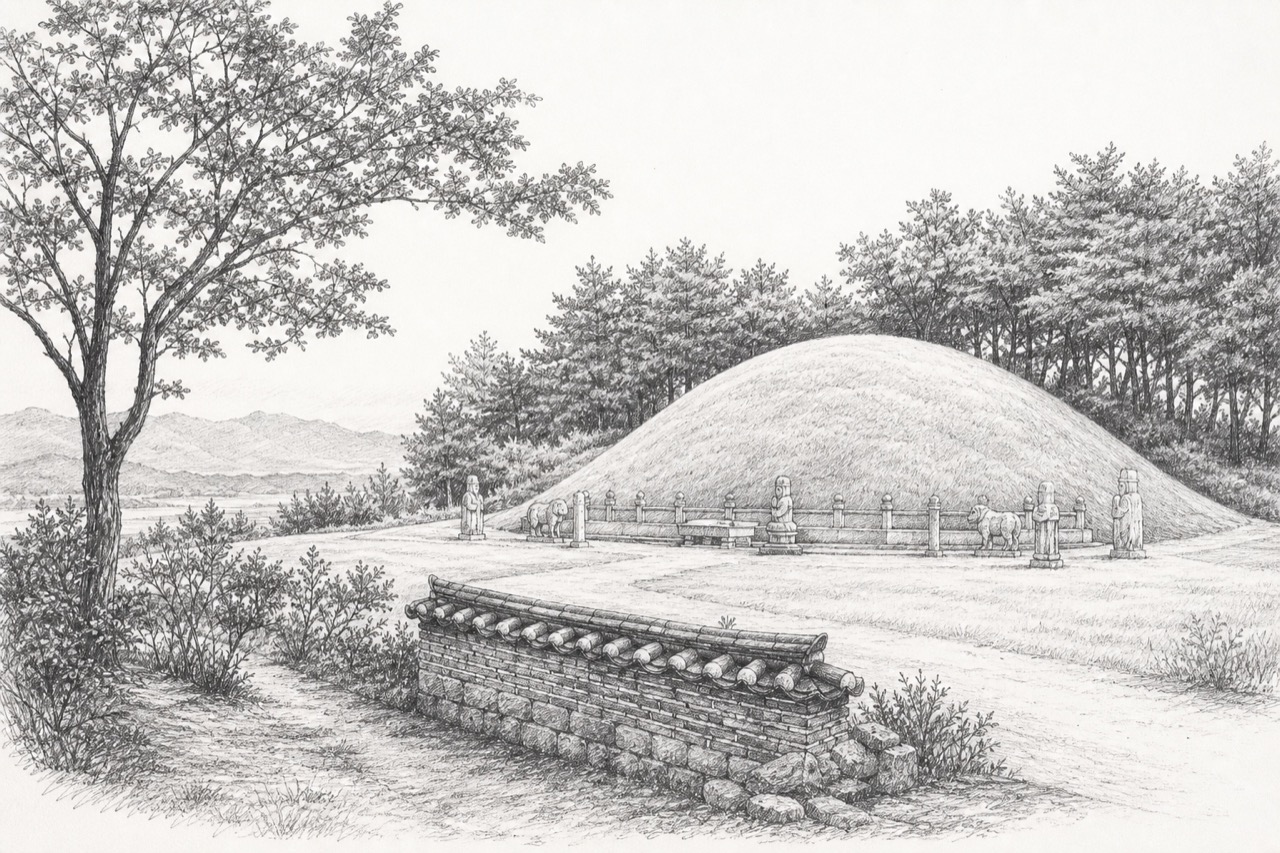 Hand-drawn pencil travel sketch for Gongju, South Korea