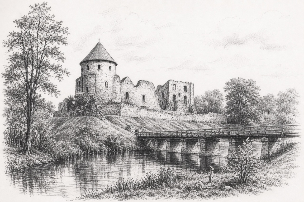 Hand-drawn pencil travel sketch for Grobiņa, Latvia