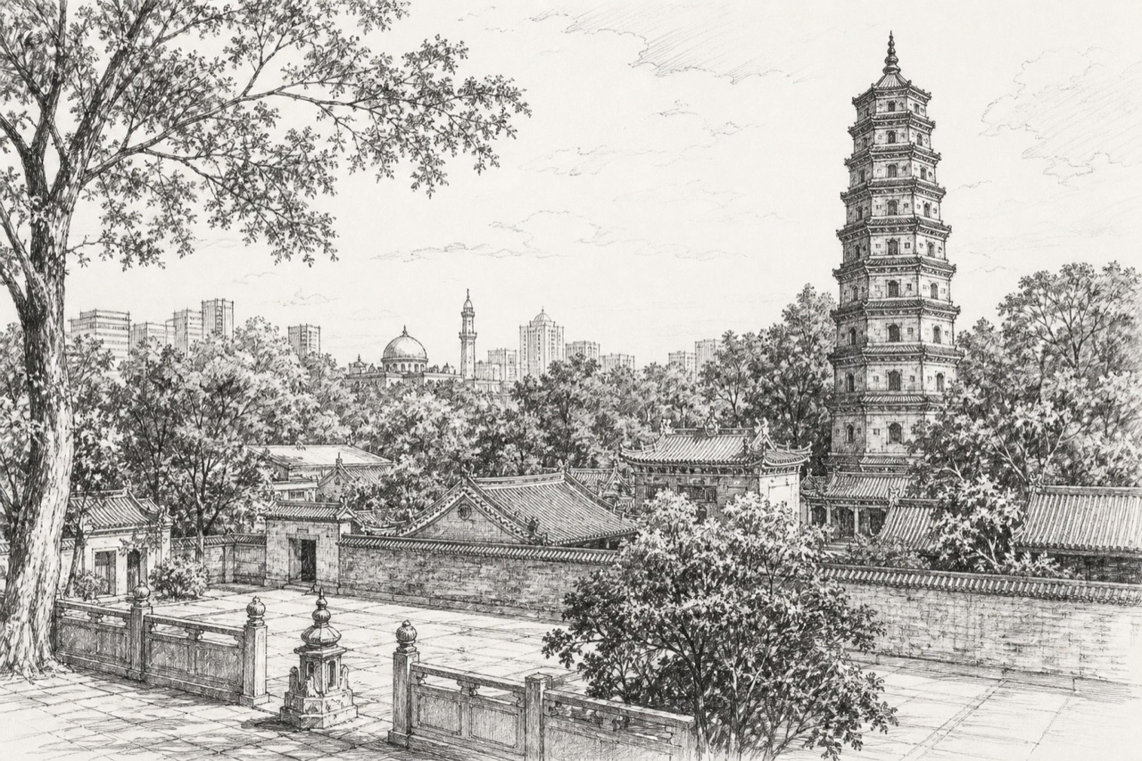 Hand-drawn pencil travel sketch for Guangzhou, People's Republic of China