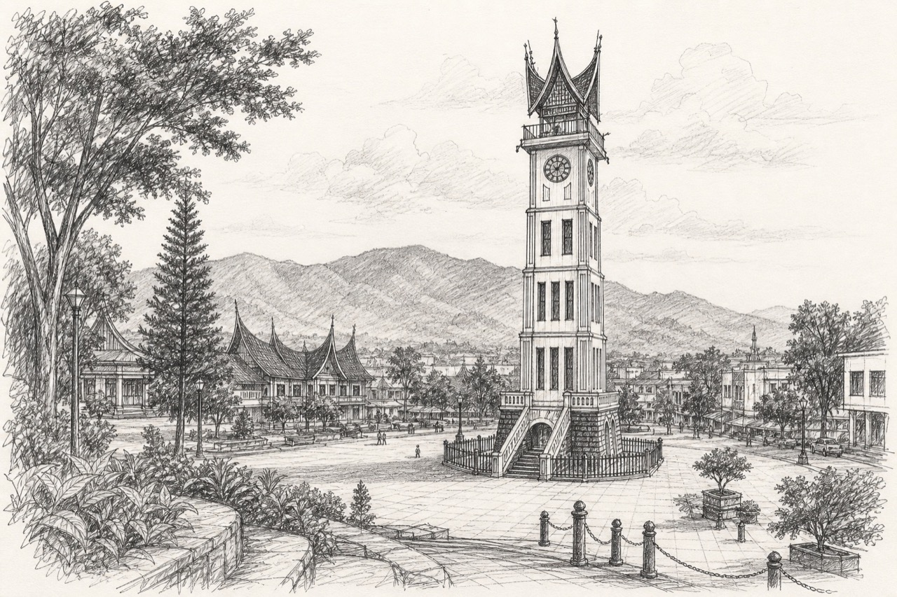 Hand-drawn pencil travel sketch for Guguak Panjang, Indonesia