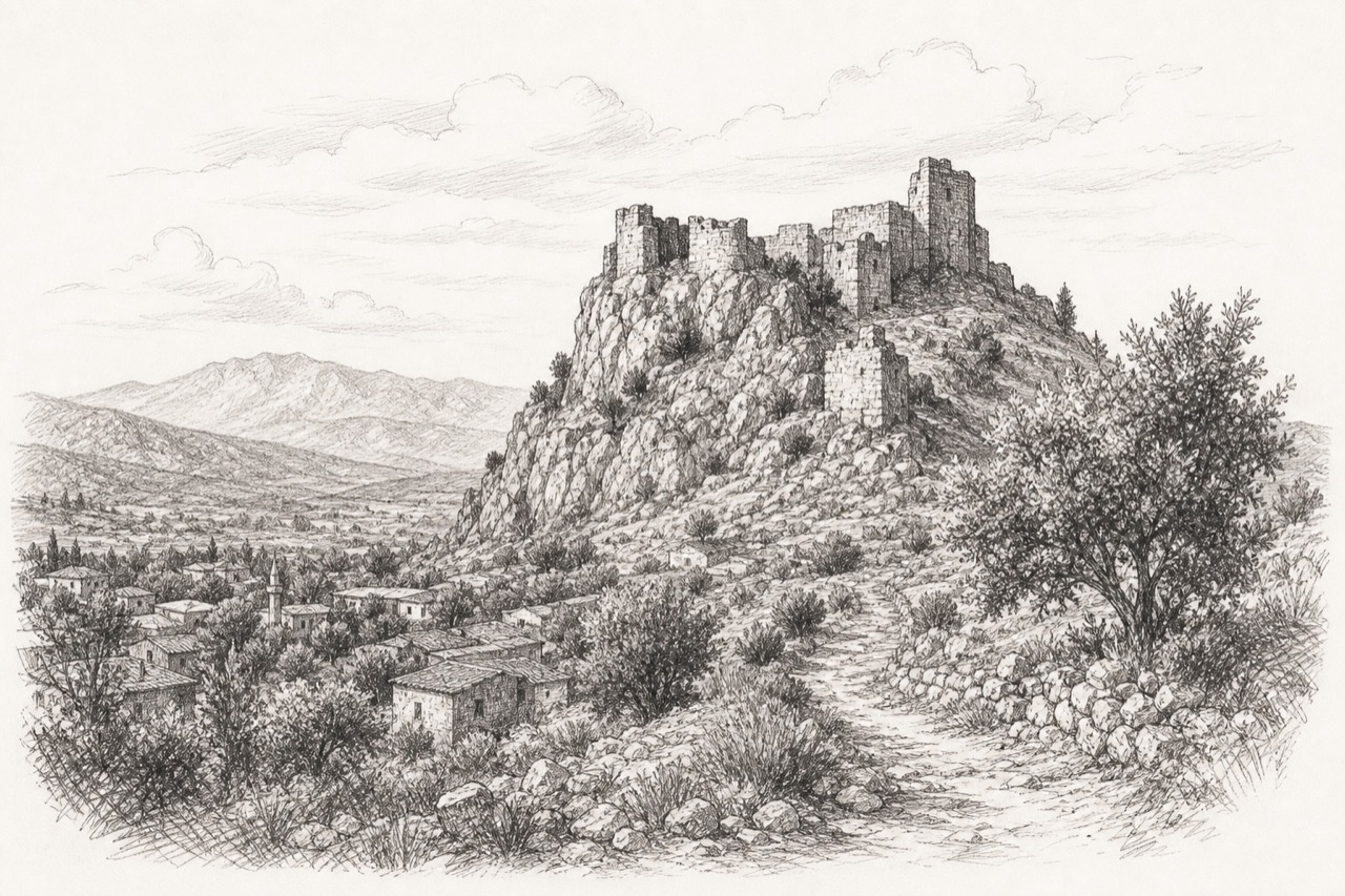 Hand-drawn pencil travel sketch for Gülnar, Turkey
