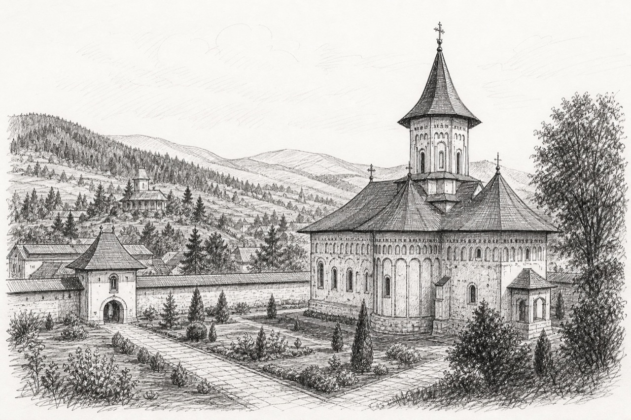 Hand-drawn pencil travel sketch for Gura Humorului, Romania