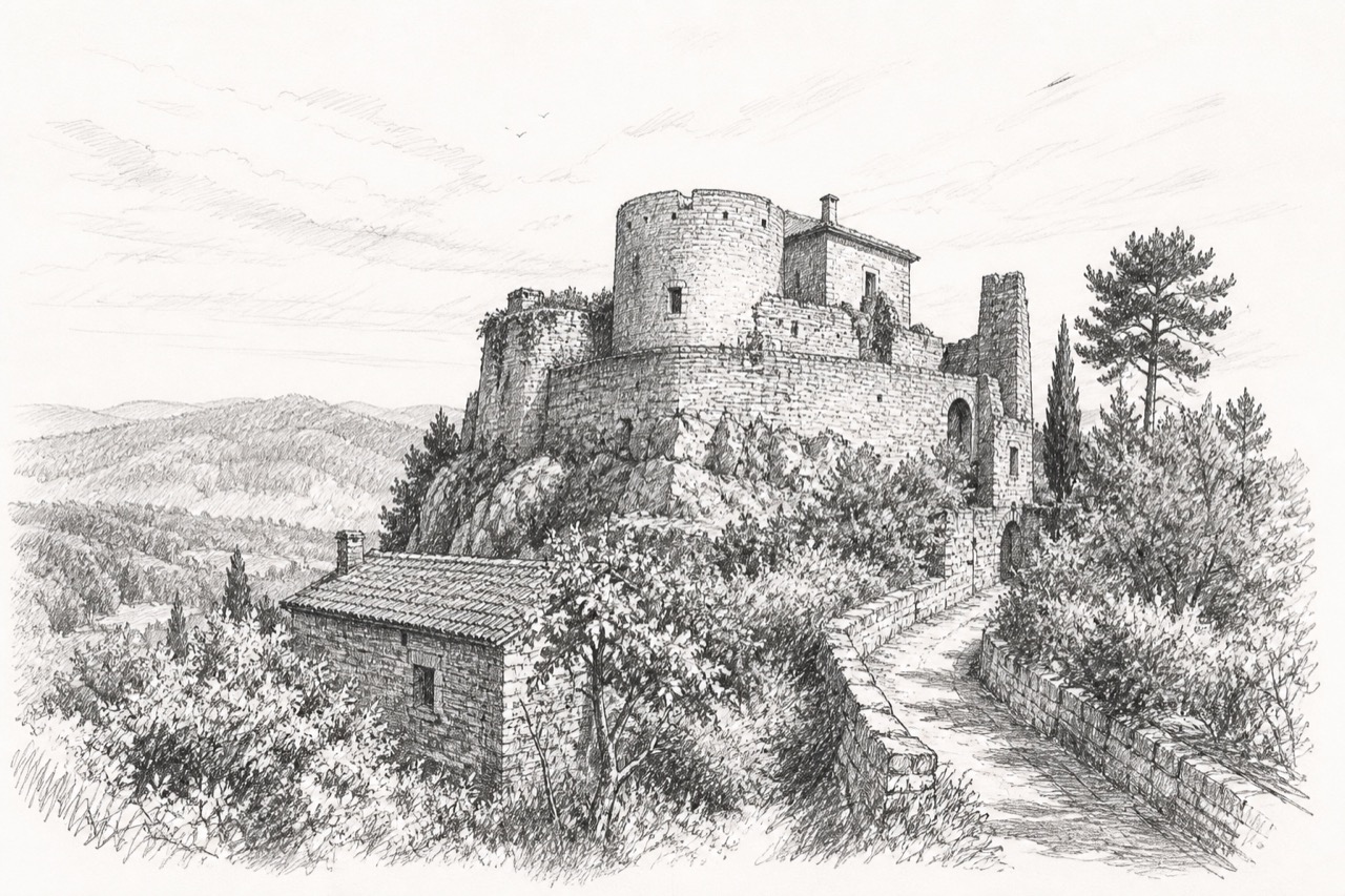 Hand-drawn pencil travel sketch for Gvozdansko, Croatia