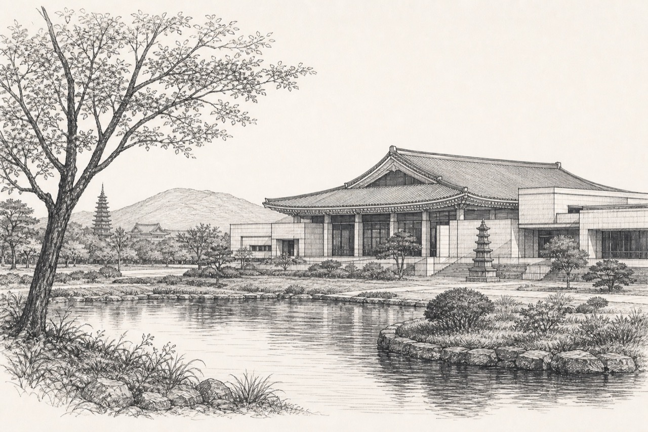 Hand-drawn pencil travel sketch for Gyeongju, South Korea