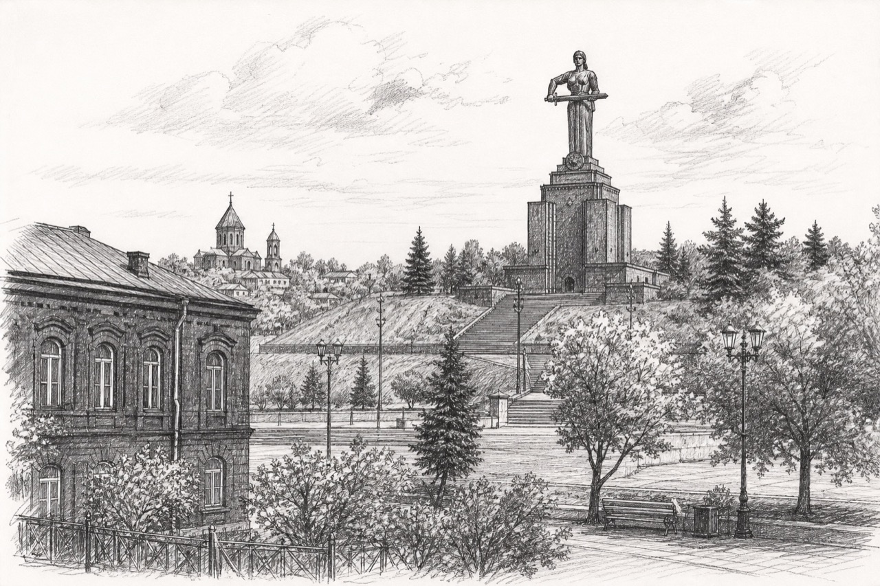 Hand-drawn pencil travel sketch for Gyumri, Armenia