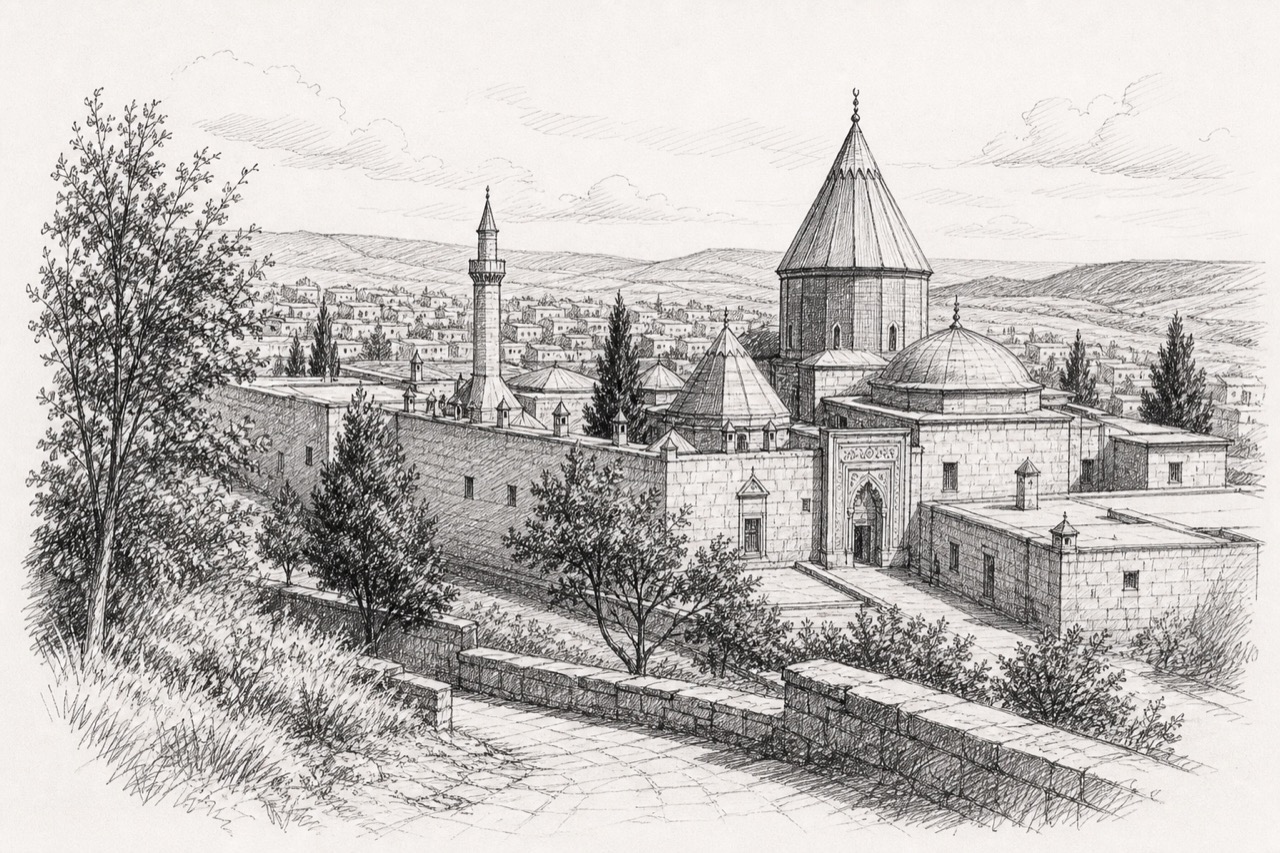 Hand-drawn pencil travel sketch for Hacıbektaş, Turkey