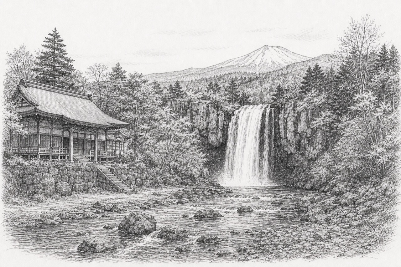 Hand-drawn pencil travel sketch for Hachimantai, Japan