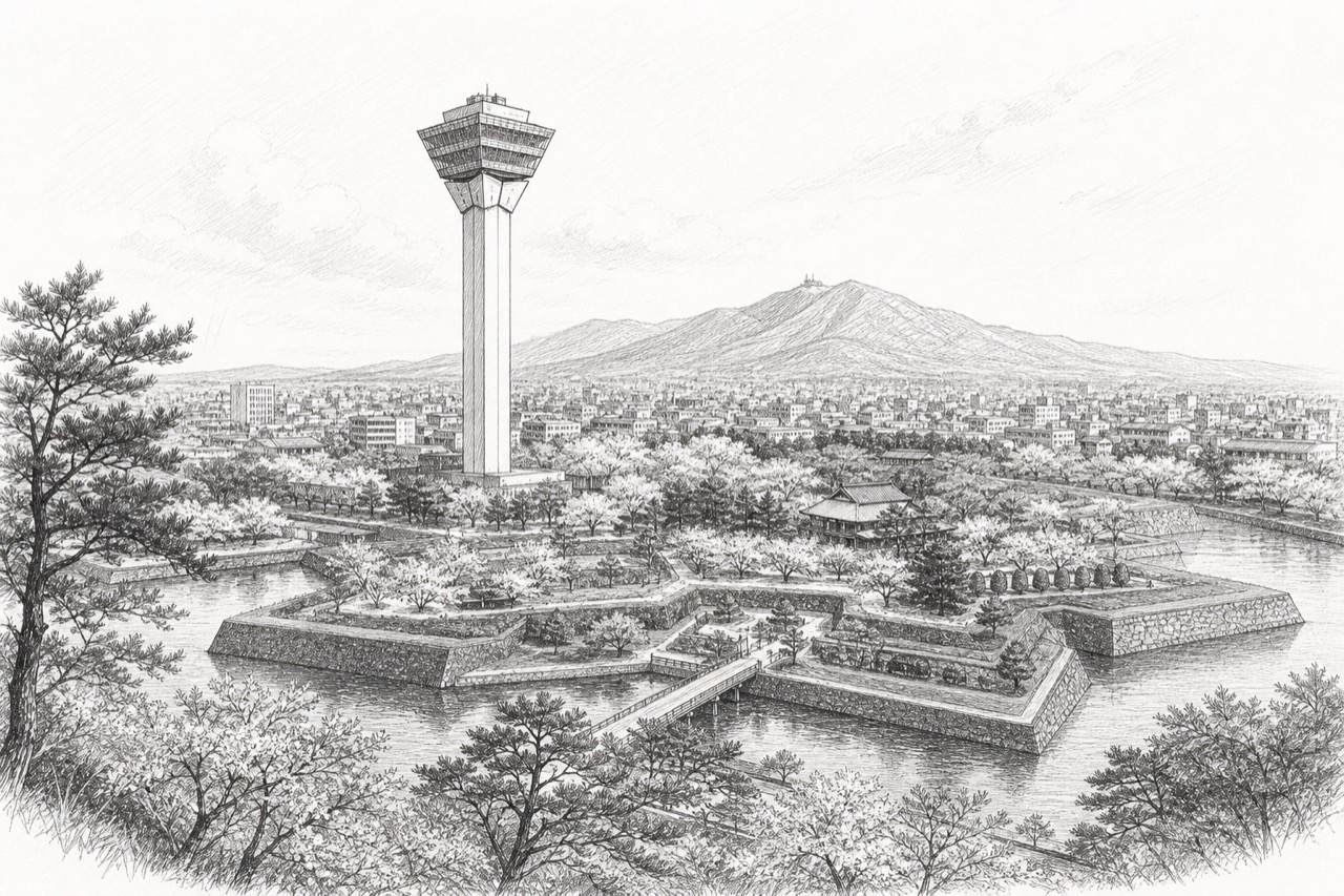 Hand-drawn pencil travel sketch for Hakodate, Japan