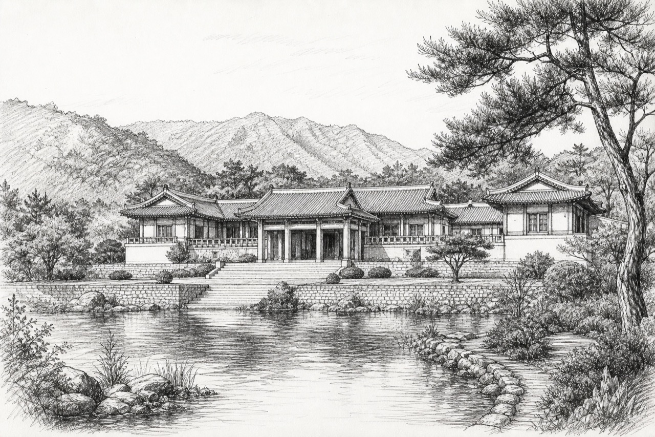 Hand-drawn pencil travel sketch for Hamhung, North Korea