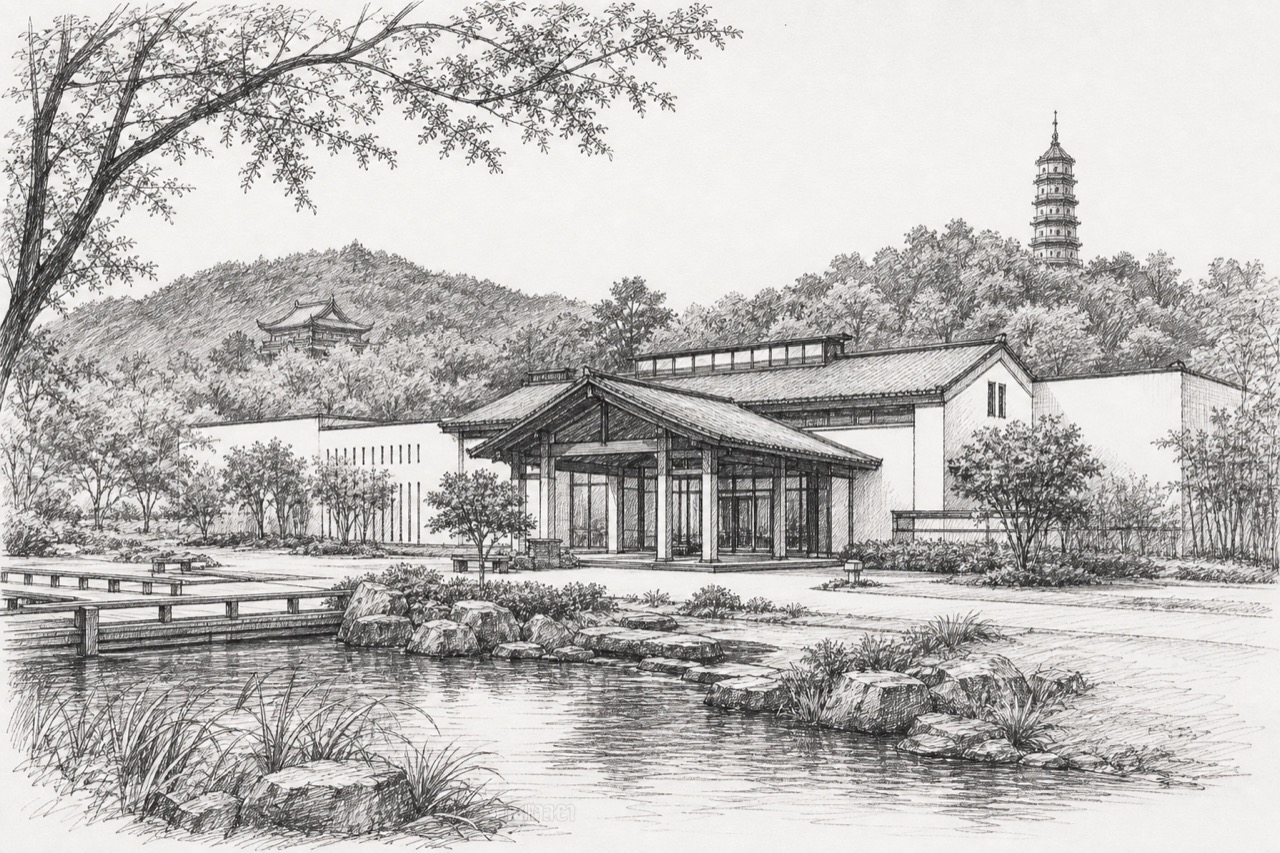 Hand-drawn pencil travel sketch for Hangzhou, People's Republic of China
