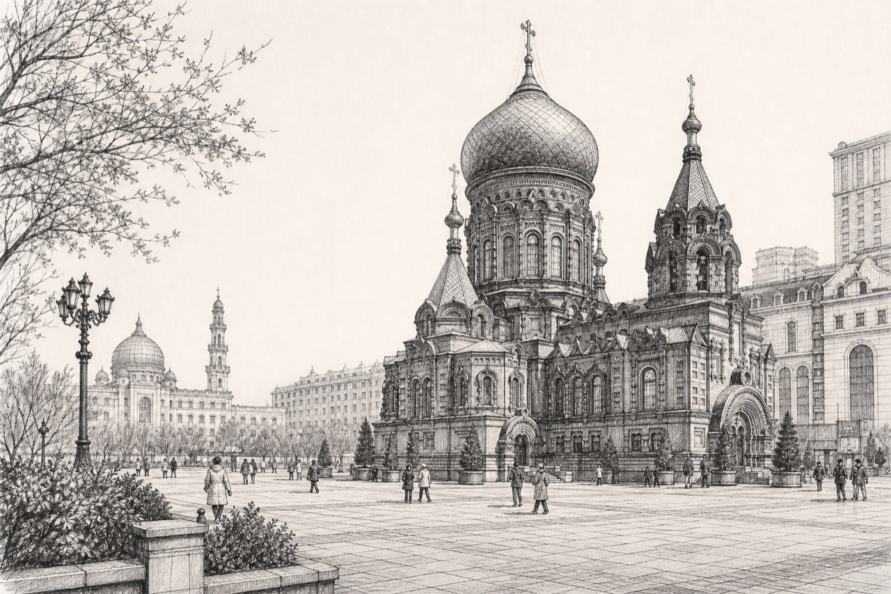 Hand-drawn pencil travel sketch for Harbin, People's Republic of China