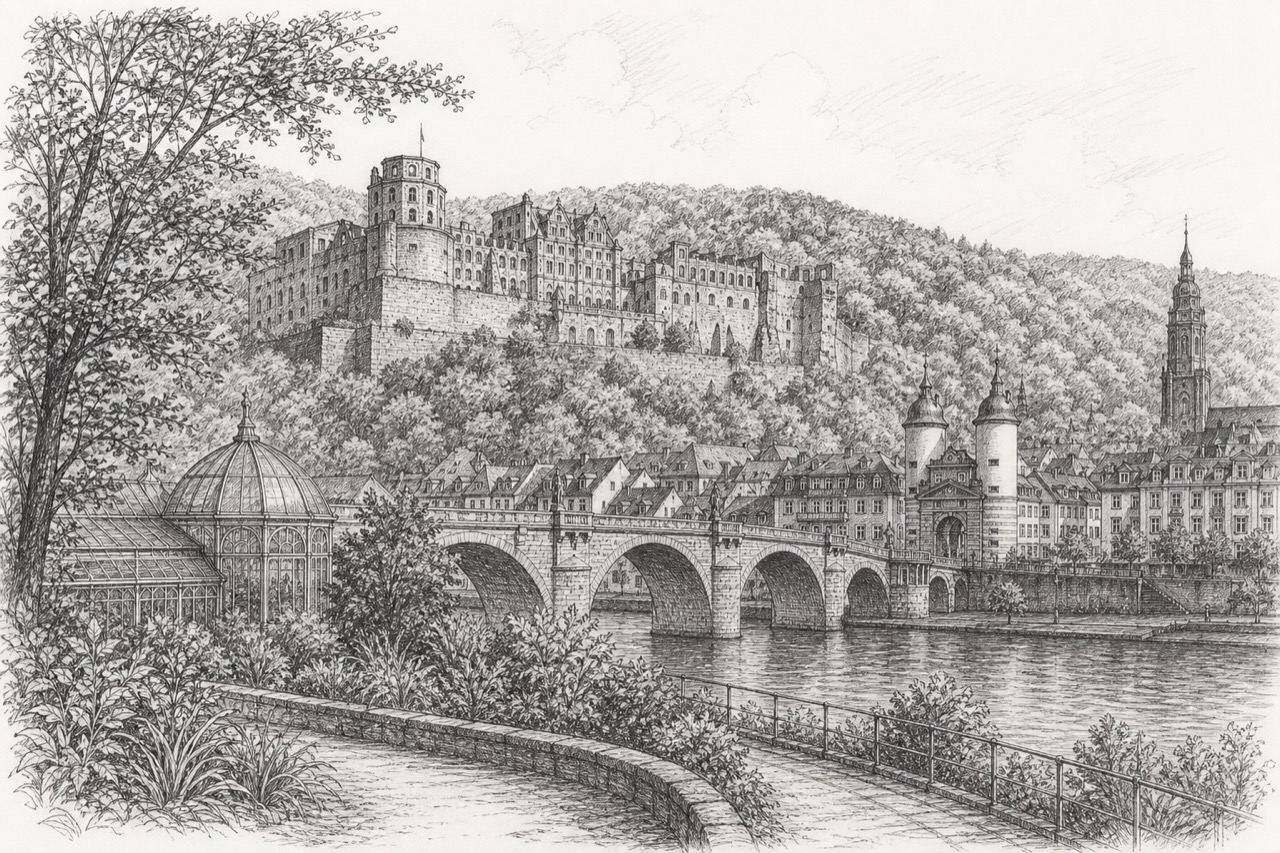 Hand-drawn pencil travel sketch for Heidelberg, Germany