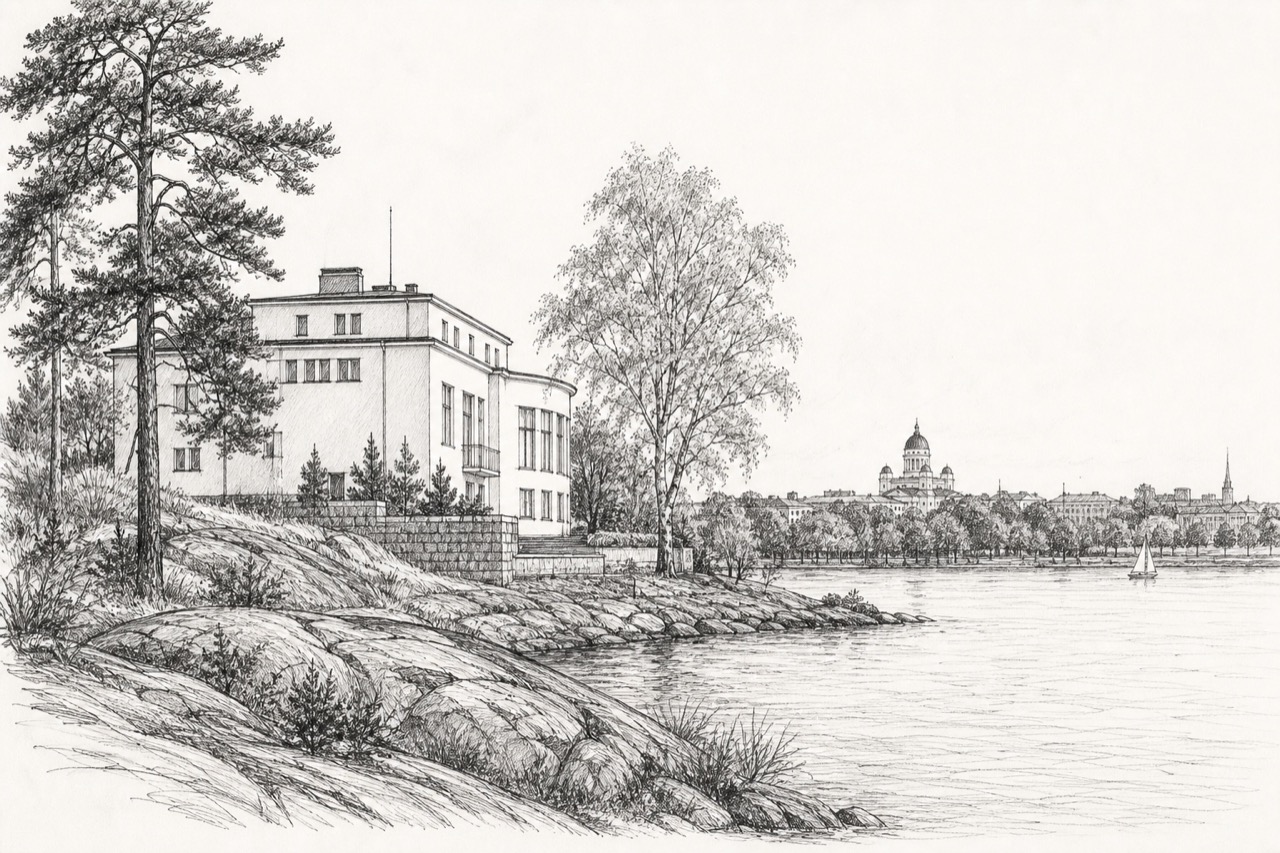 Hand-drawn pencil travel sketch for Helsinki, Finland