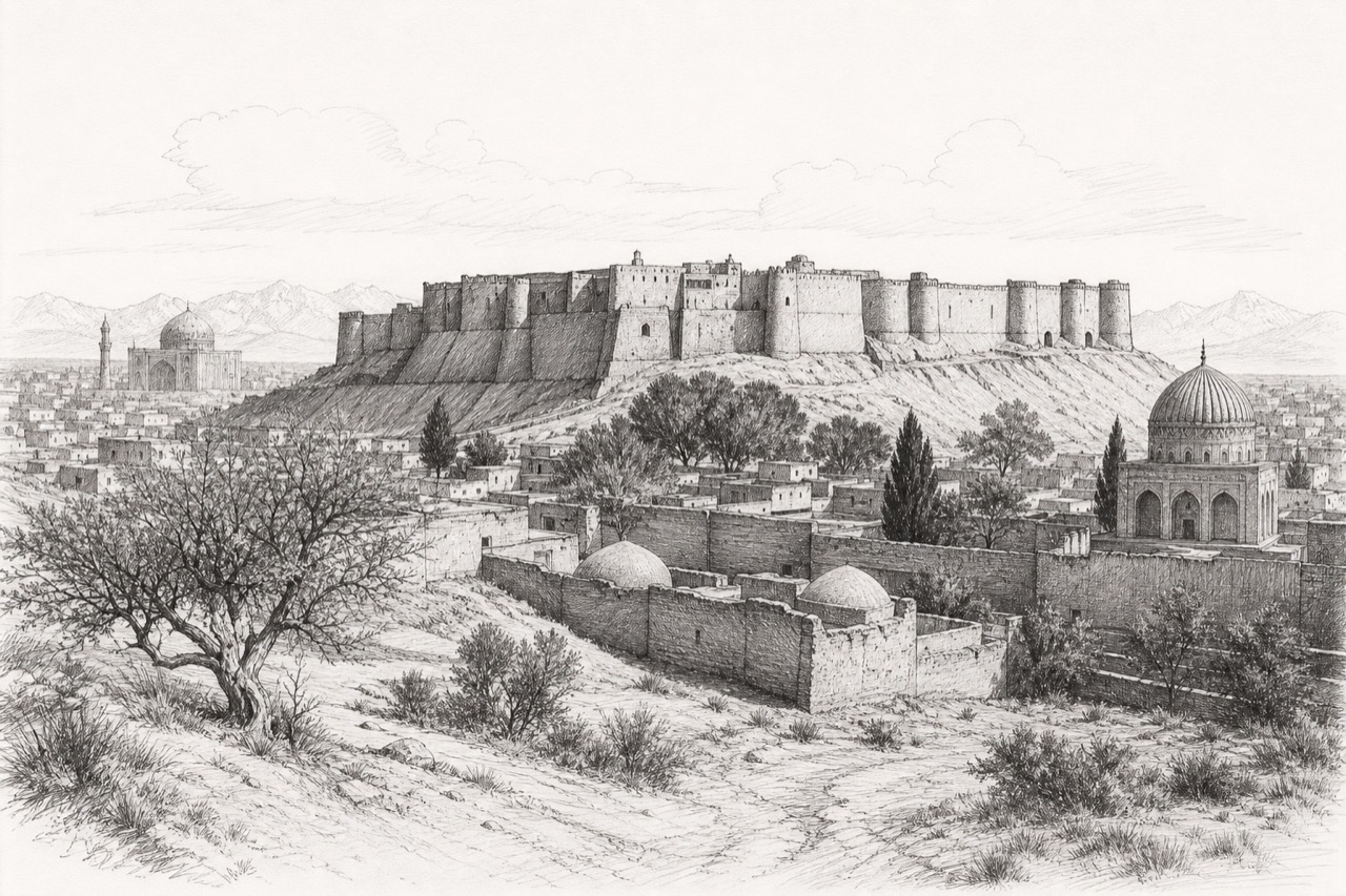 Hand-drawn pencil travel sketch for Herat, Afghanistan
