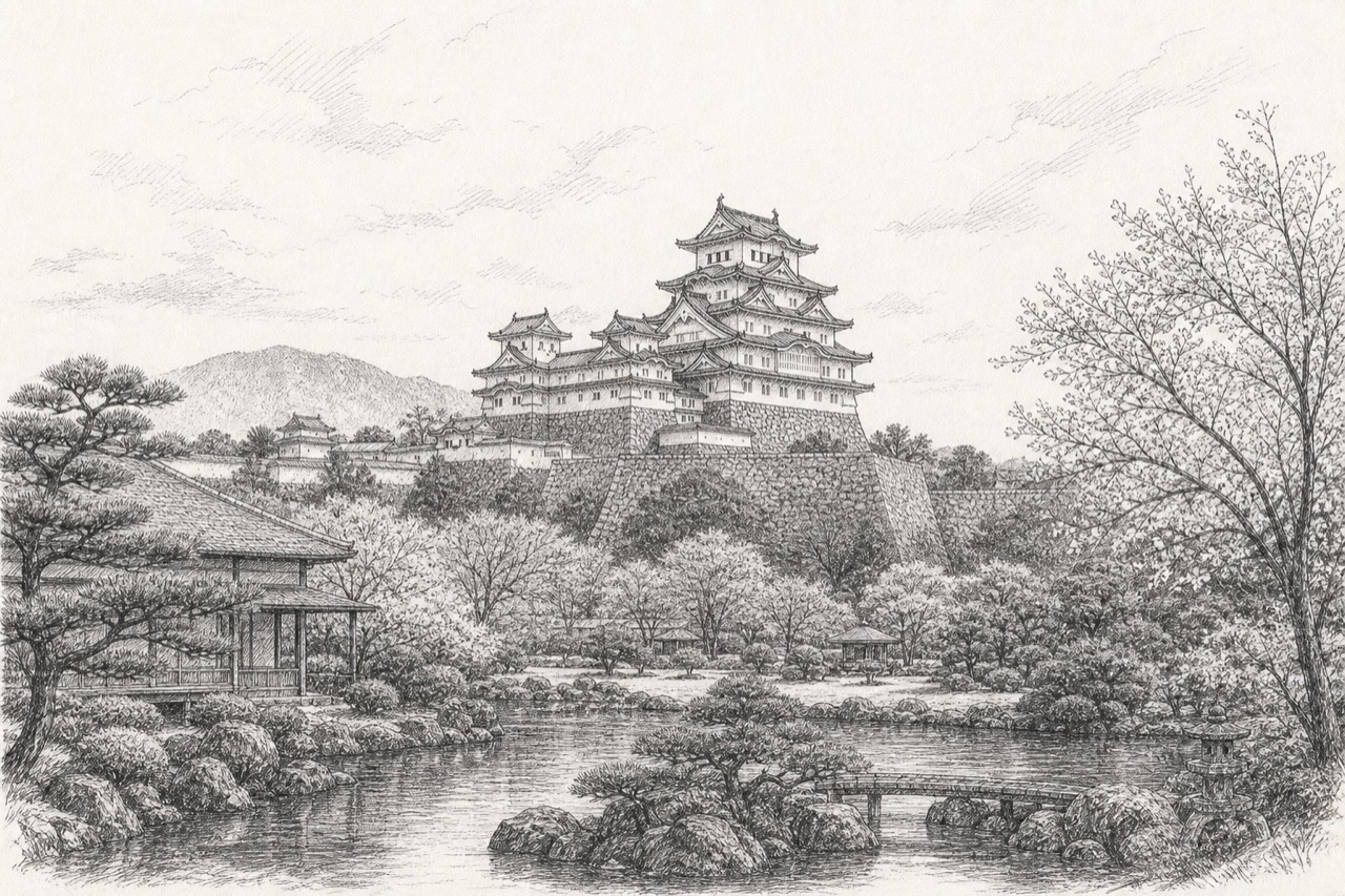 Hand-drawn pencil travel sketch for Himeji, Japan