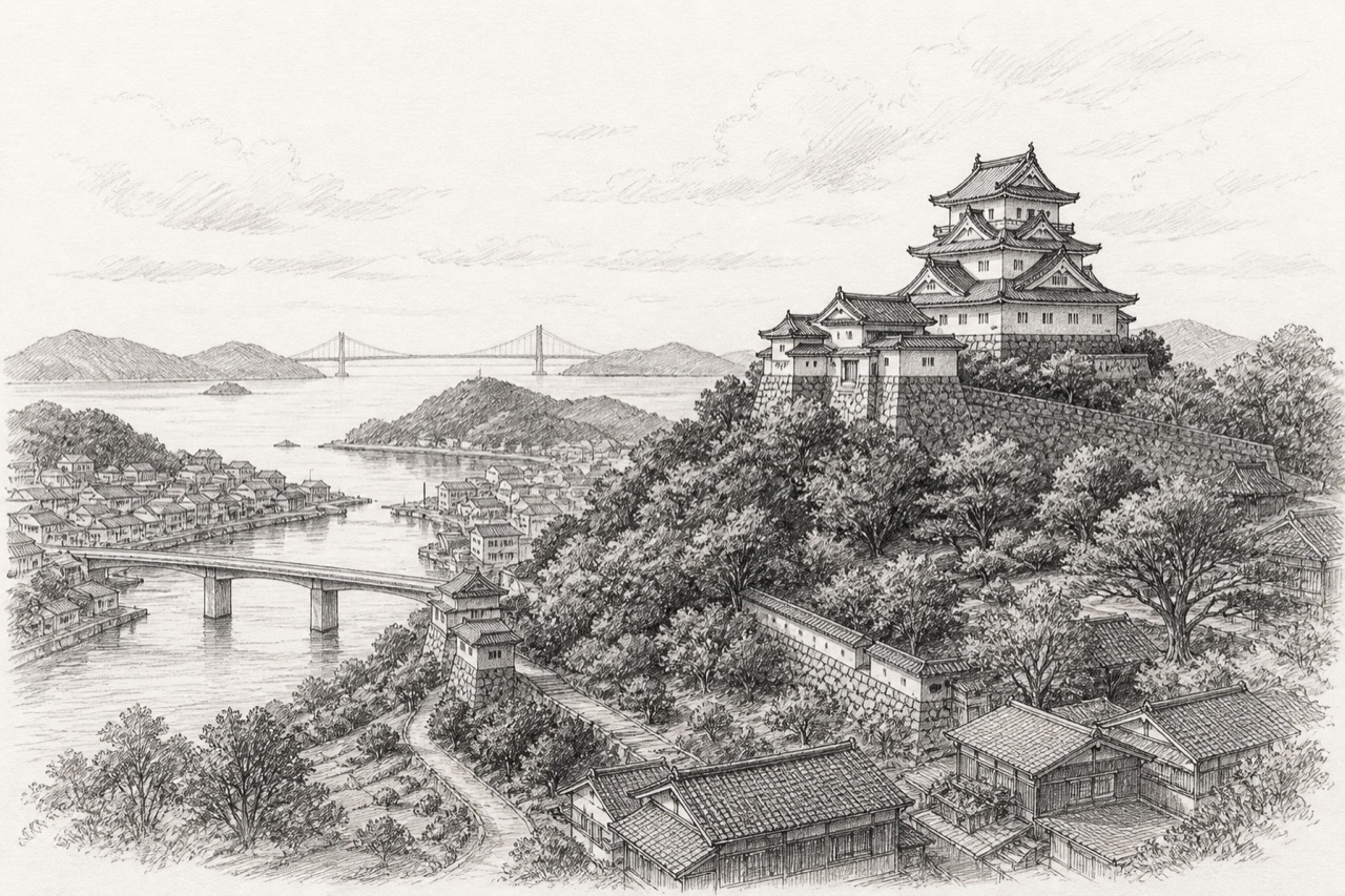 Hand-drawn pencil travel sketch for Hirado, Japan