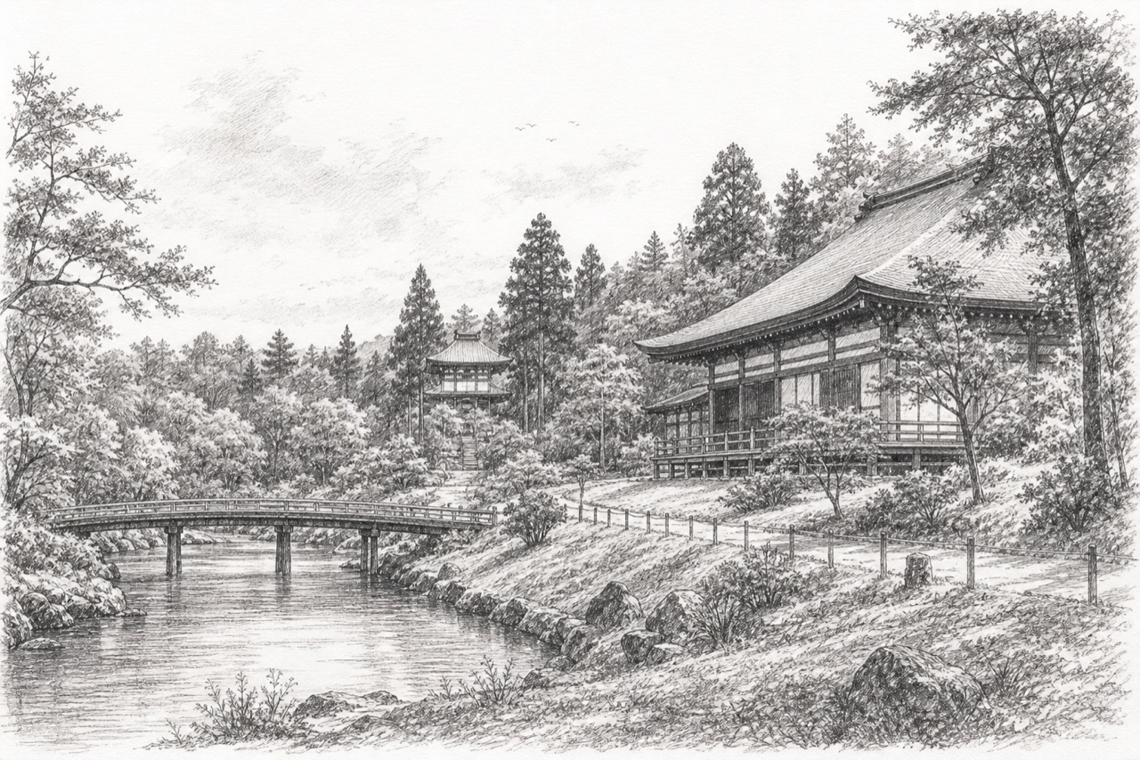 Hand-drawn pencil travel sketch for Hiraizumi, Japan