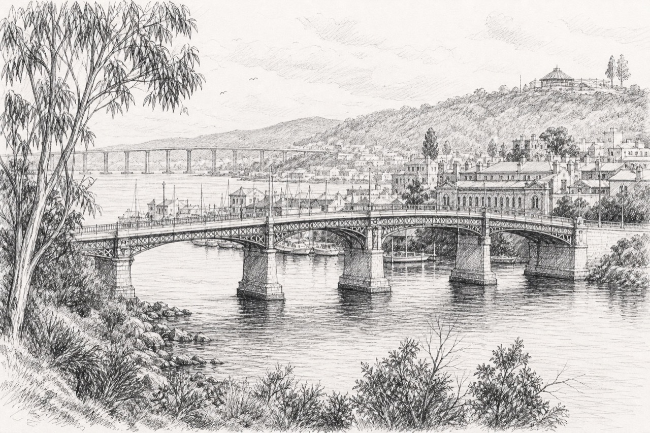 Hand-drawn pencil travel sketch for Hobart, Australia