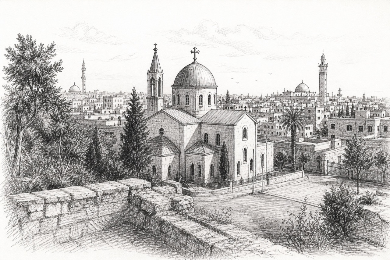 Hand-drawn pencil travel sketch for Homs, Syria
