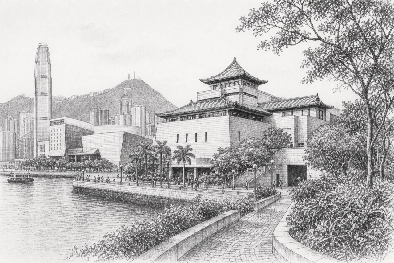 Hand-drawn pencil travel sketch for Hong Kong, People's Republic of China