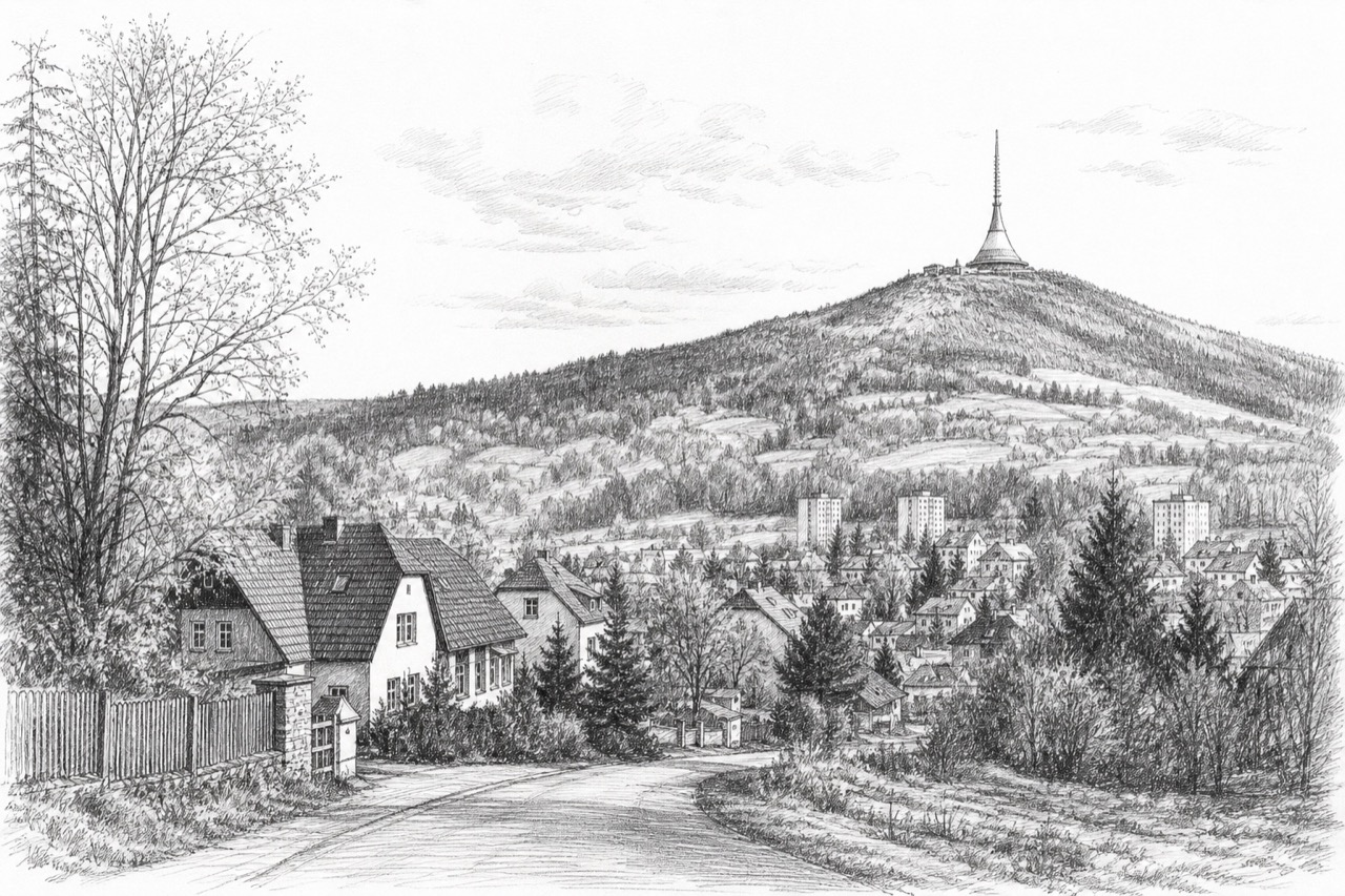Hand-drawn pencil travel sketch for Horní Hanychov, Czech Republic