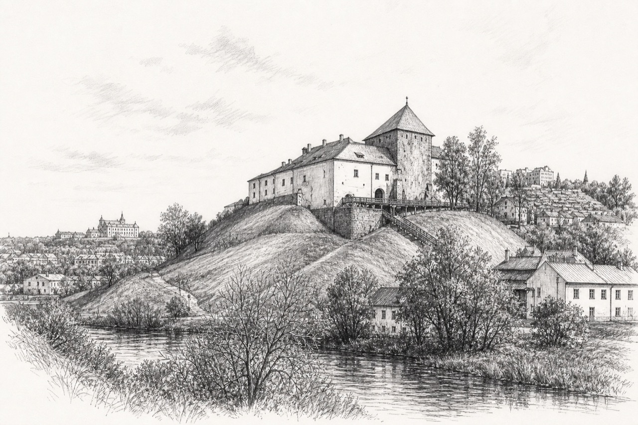 Hand-drawn pencil travel sketch for Hrodna, Belarus