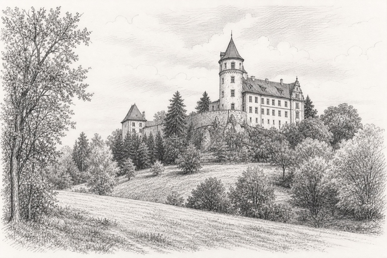 Hand-drawn pencil travel sketch for Hrubý Rohozec, Czech Republic