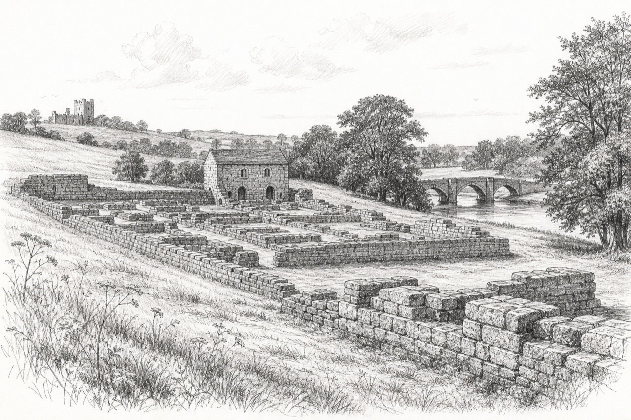Hand-drawn pencil travel sketch for Humshaugh, United Kingdom