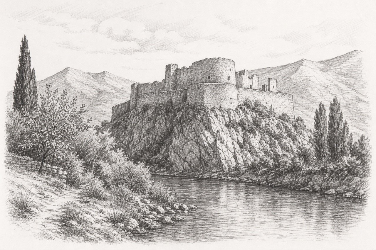 Hand-drawn pencil travel sketch for Hutovo, Bosnia and Herzegovina