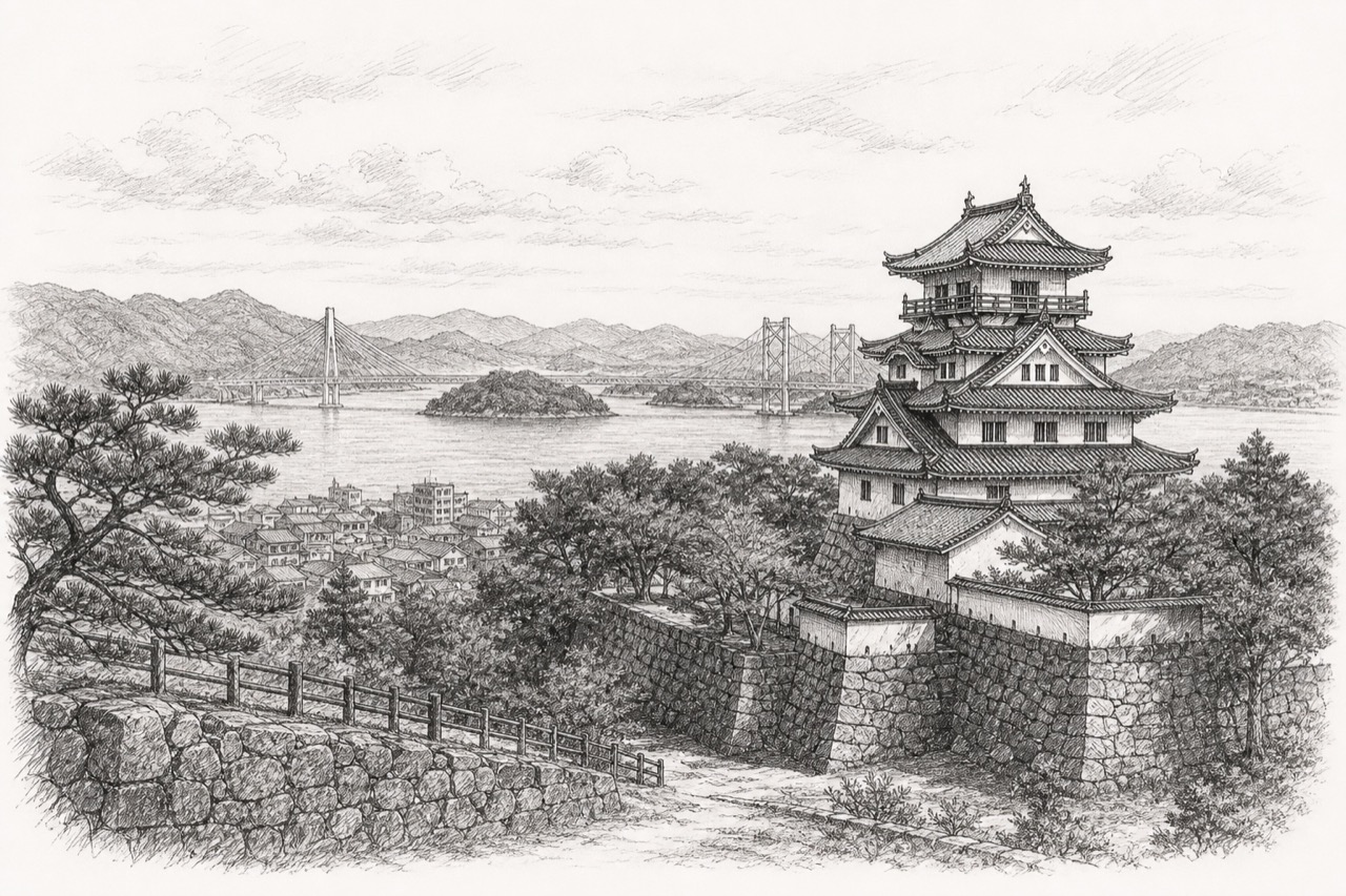 Hand-drawn pencil travel sketch for Imabari, Japan