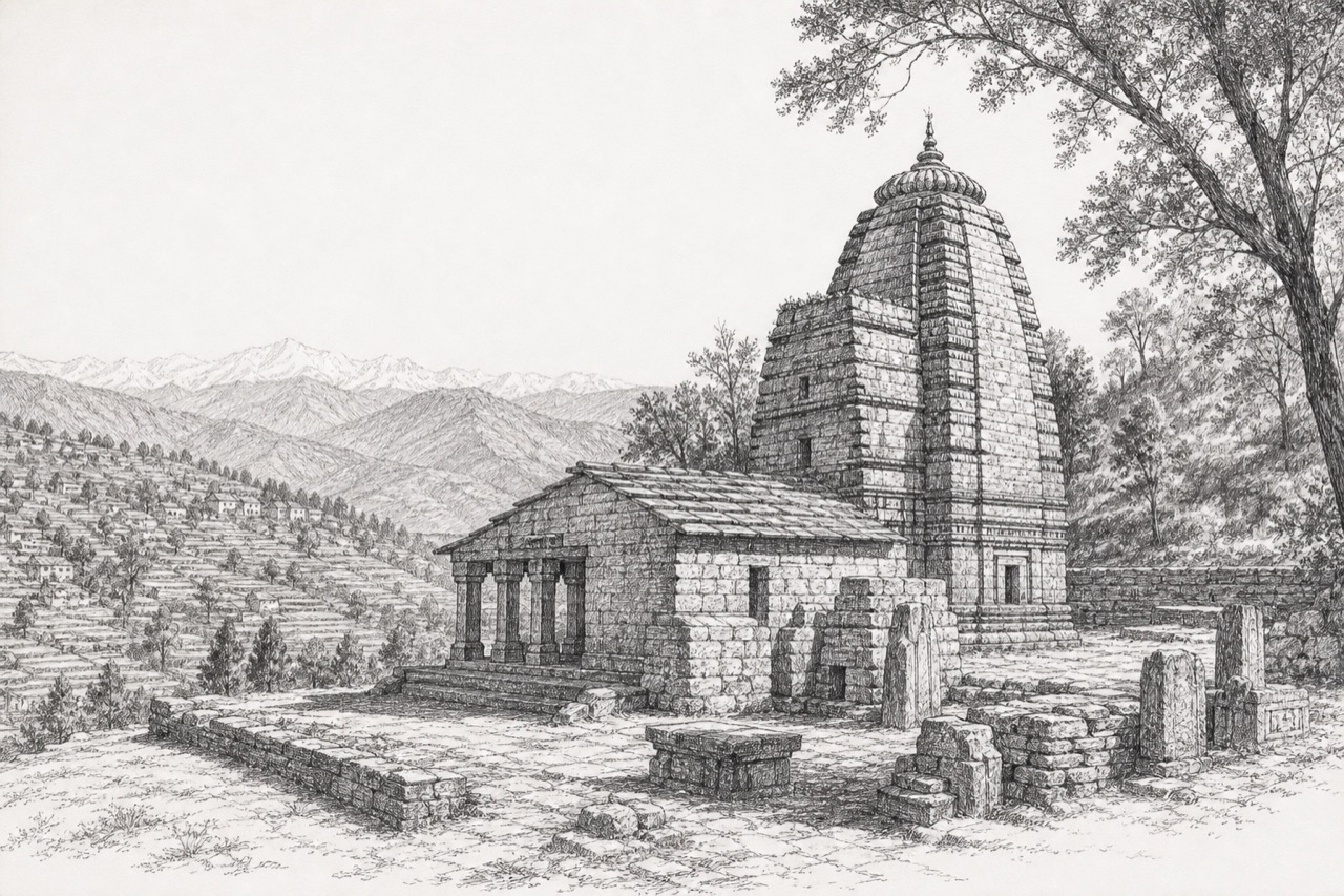 Hand-drawn pencil travel sketch for Almora