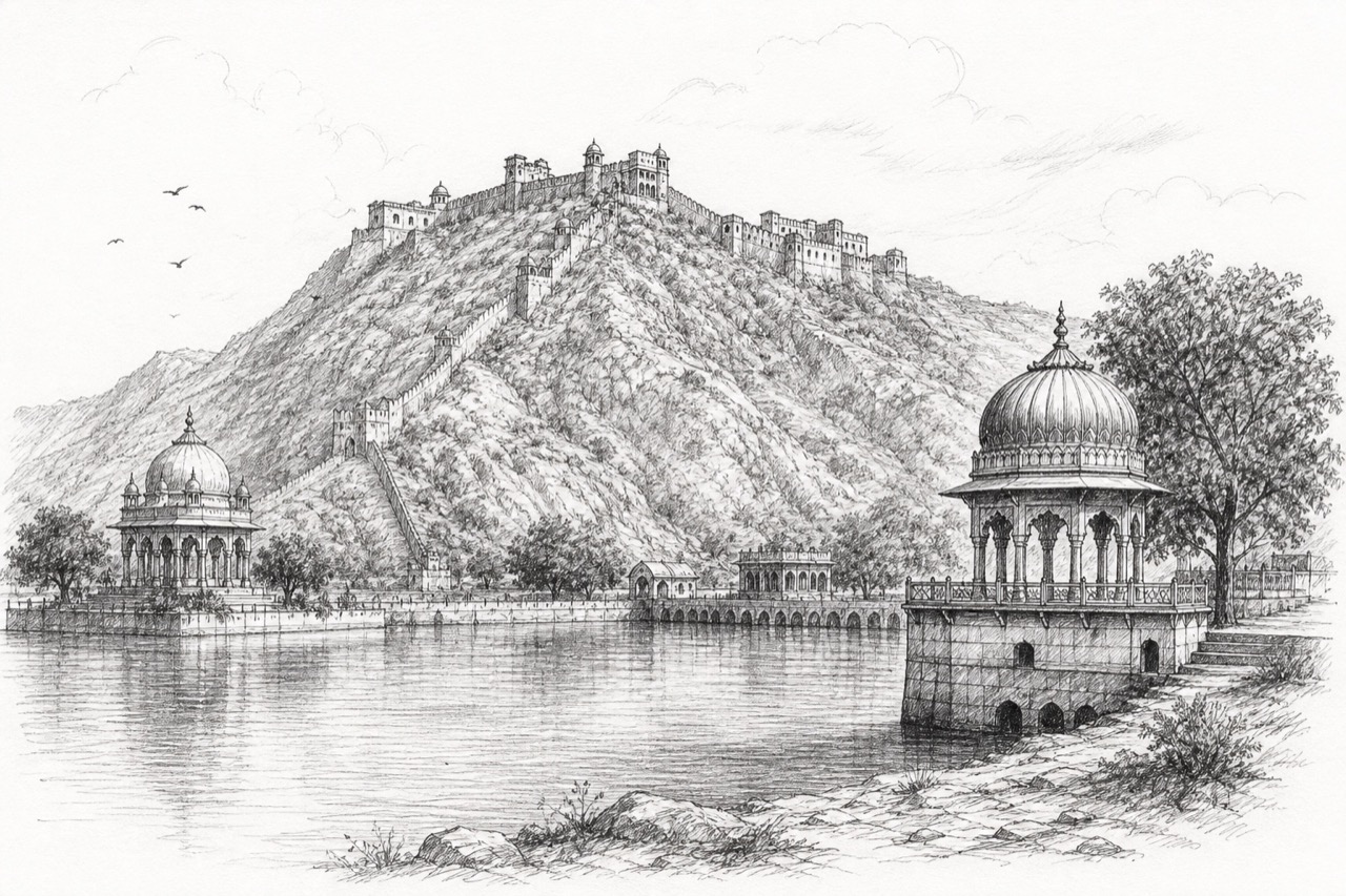 Hand-drawn pencil travel sketch for Alwar